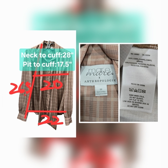 Mare Mare X Anthropologie Plaid Tie Collar Blouse Size M - Picture 2 of 6